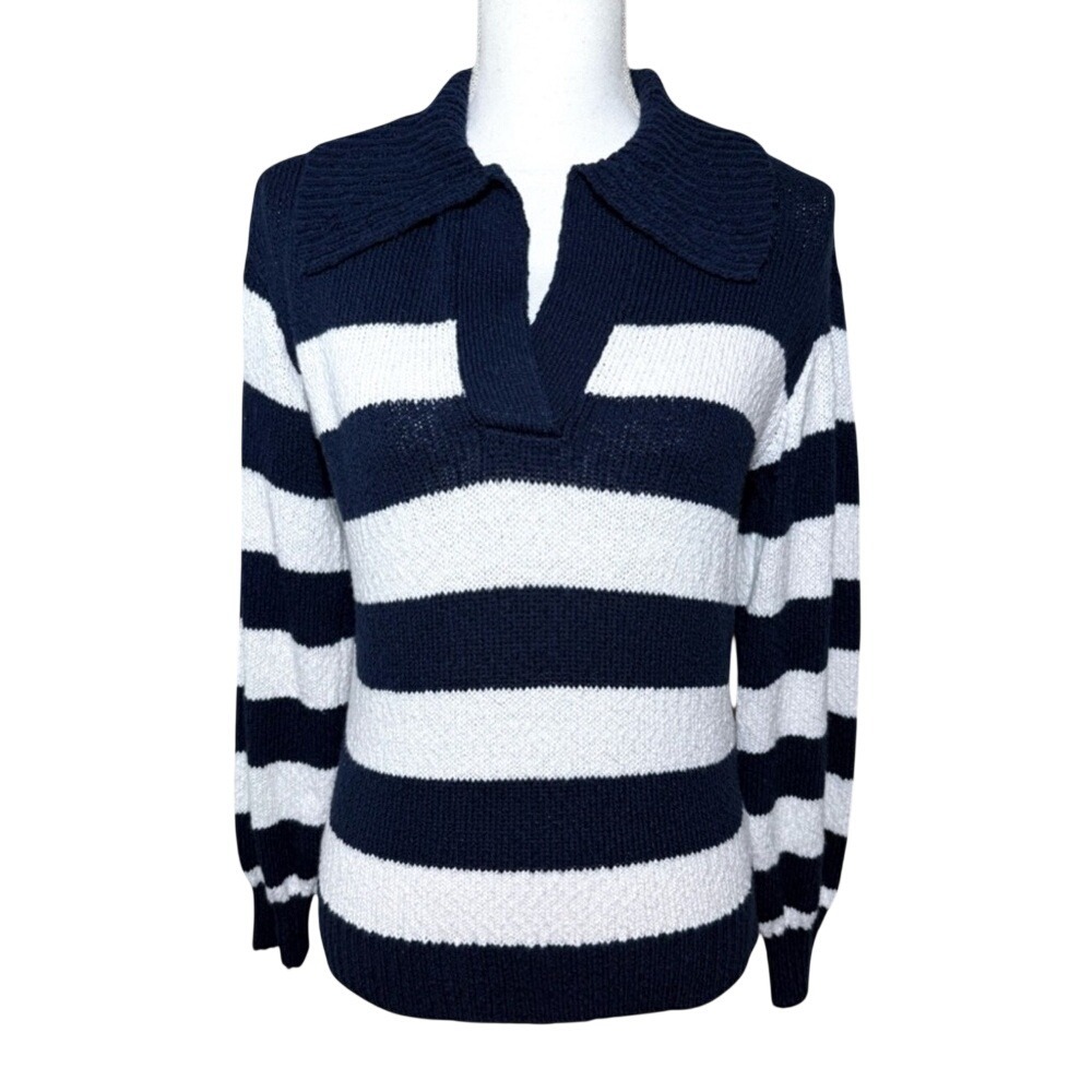Workshop Republic Clothing Blue and White V-Neck Stripe Sweater Women Small